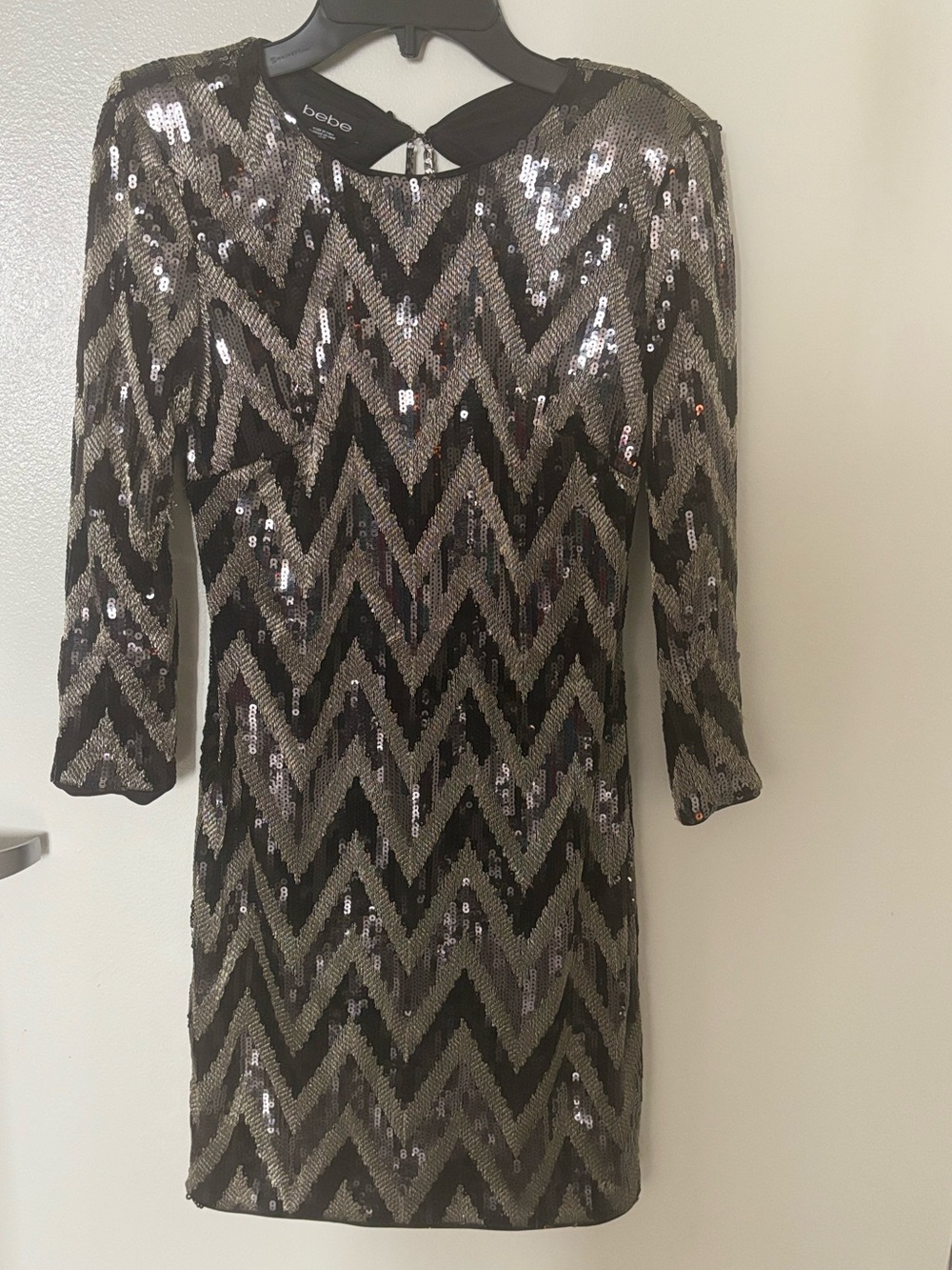 bebe Black and Gold Chevron Sequin Long Sleeve Dress